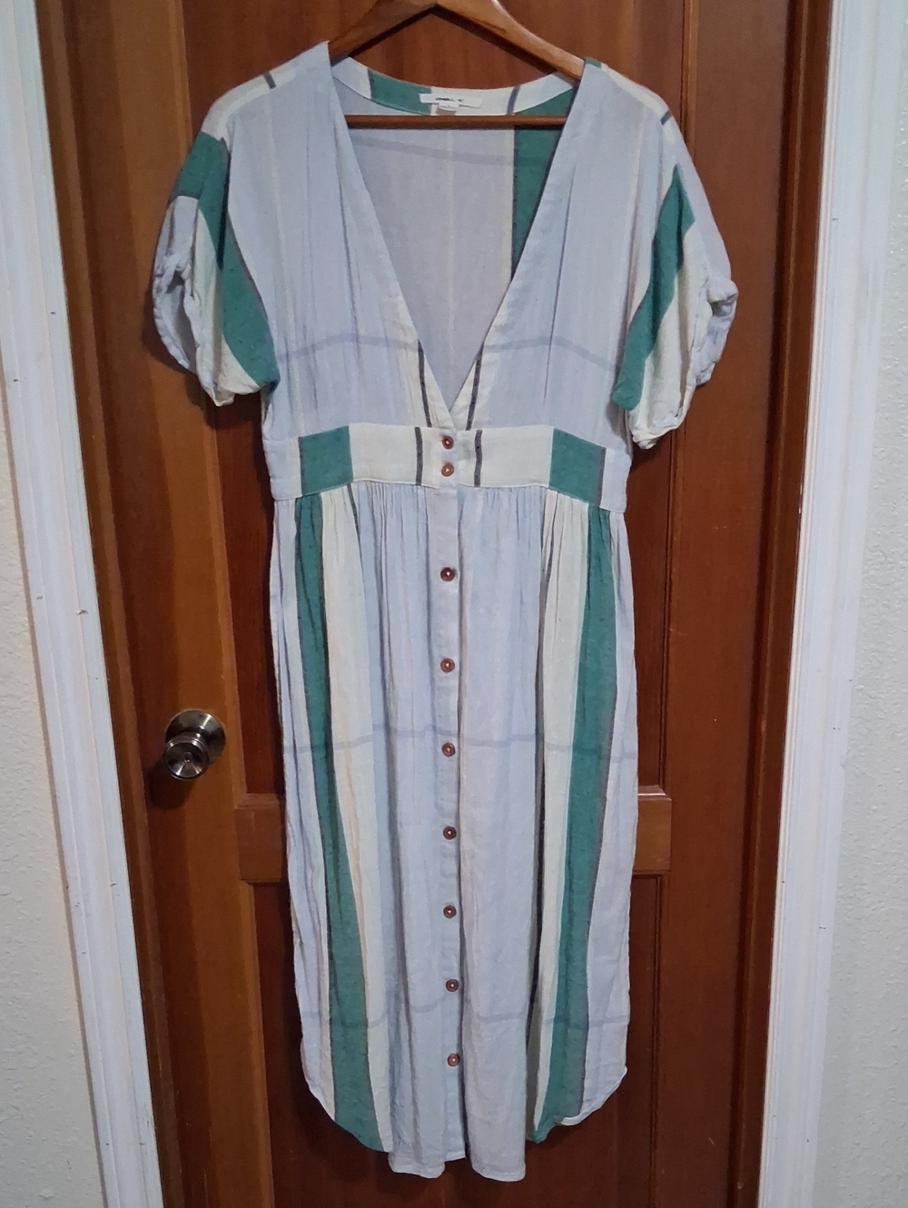 O'Neill Blue, Green and Cream Striped Button Midi Dress